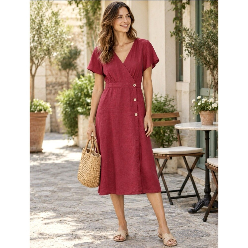 Lintico Flax Linen Red SMALL Button Wrap Midi Dress Pockets Casual Minimalist